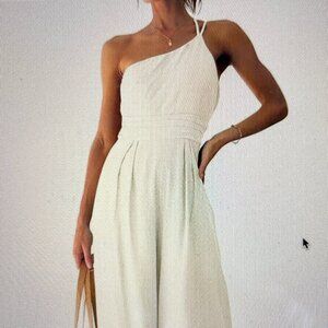 ANRABESS Women's Summer Straps One Shoulder Wide Leg Linen Jumpsuit